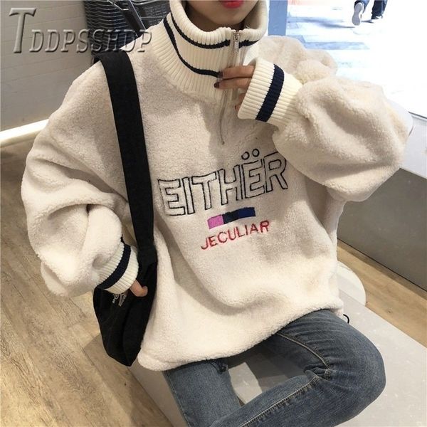 

autumn winter korean loose women sweatshirt imitation lambswool embroidery thick female sweatshirt 201127, Black