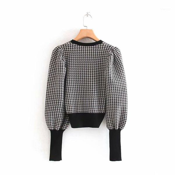

vintage puff sleeve plaid sweater women pullovers casual o neck houndstooth knitted sweater kawaii winter 20211, Black;brown
