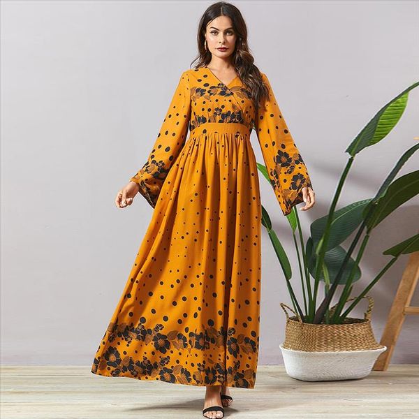 

full sleeve maxi dress yellow v neck floral bohemian a line long dress spring 2020 high waist swing women clothing, Black;gray