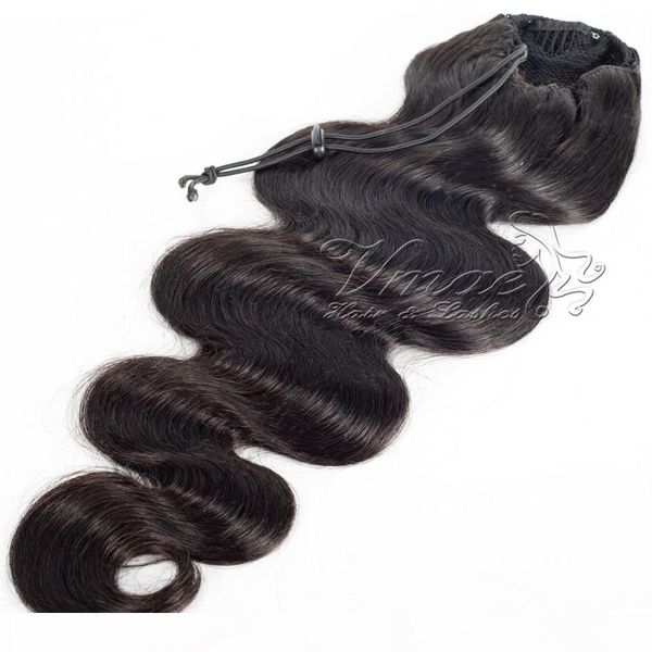 

peruvian remy virgin ponytails cuticle aligned natural black clip in elastic band ties drawstring body wave real human hair extensions
