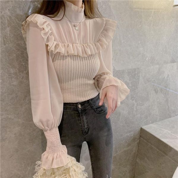 

women's sweaters autumn fashion ruffles show thin sweater flare long sleeve stitching knitting pullovers, White;black