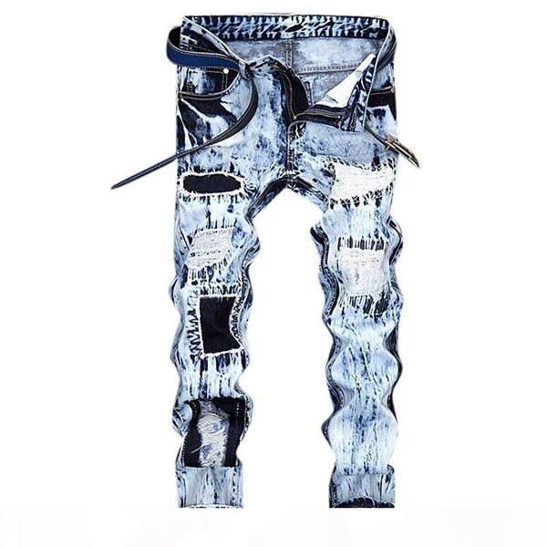

hemiks men's ripped skinny denim jeans straight slim fit biker jeans with zipper hip hop pants spring autumn fashion trousers, Blue