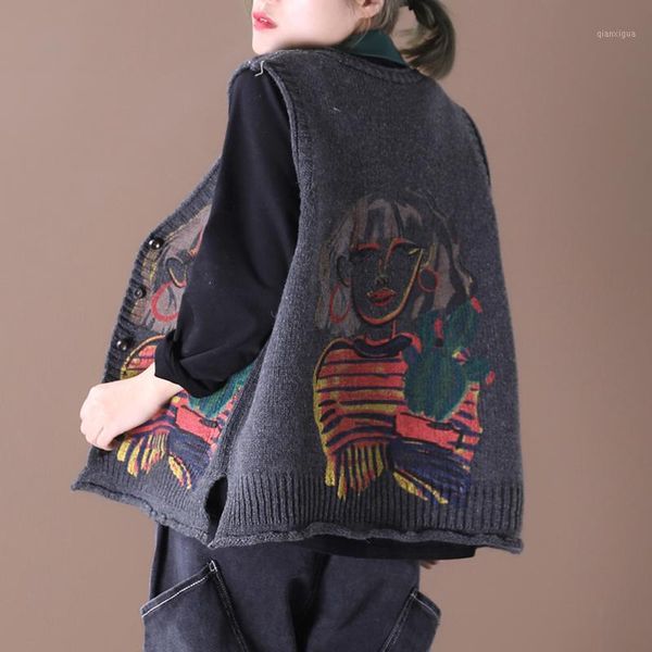 

female new autumn korean style plus size literary cartoon printing retro distressed loose knitted sweater vest1, Black;white