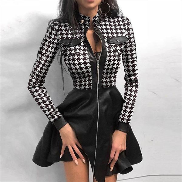 

high street a line pockets houndstooth платье женские 2021 кружевной сплайсинг печатание на zip pocket pu платье для женщин черное платье по, Black;gray
