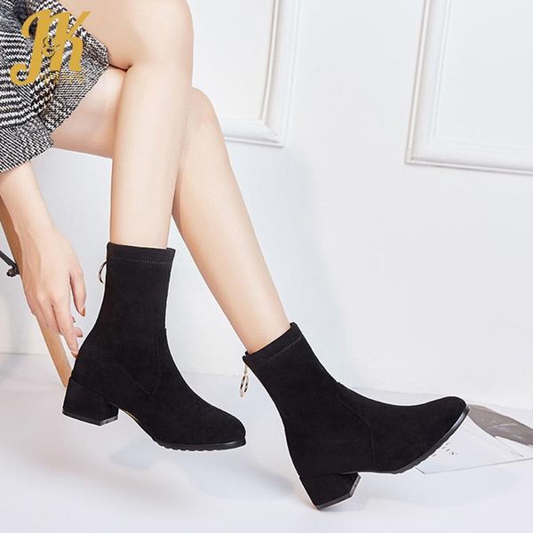 

boots jk stretch ankle women flock sock booties ladies high heels shoes female round toe zip winter 2021, Black