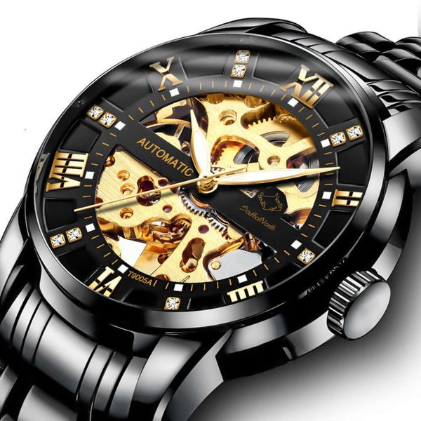 

luminous automatic mechanical fashion men's watch waterproof hollow men's mechanical watch, Slivery;brown
