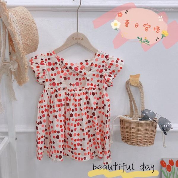 

2020 girl sweet summer dress kids children short sleeve dot dress1, Red;yellow