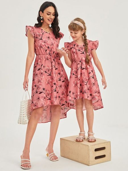 

girls 1pc floral print butterfly sleeve high low hem dress she, Red;yellow