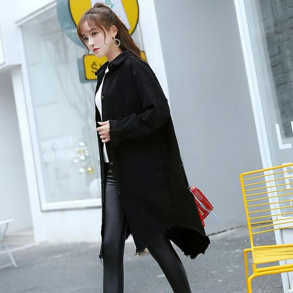 

boyfriend style printed casual loose black vintage burr hole denim jacket women long sleeve coat jackets women's, Black;brown