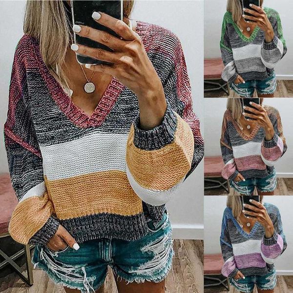 

outdoor t-shirts v-neck women sweater casual stripe long sleeve knitted pullovers patchwork 2021 autumn loose 1, Gray;blue