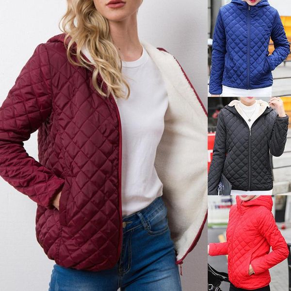 

women autumn winter check pockets parka jacket plush liner hooded outerwear coat, Black;brown