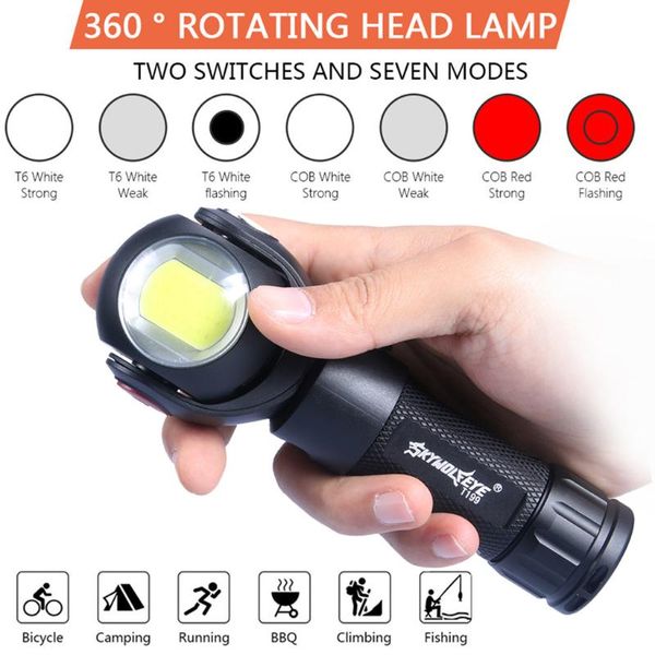 

practical 360 degrees rotating t6+cob led torch micro usb charging with 26650/18650 battery tail with magnet