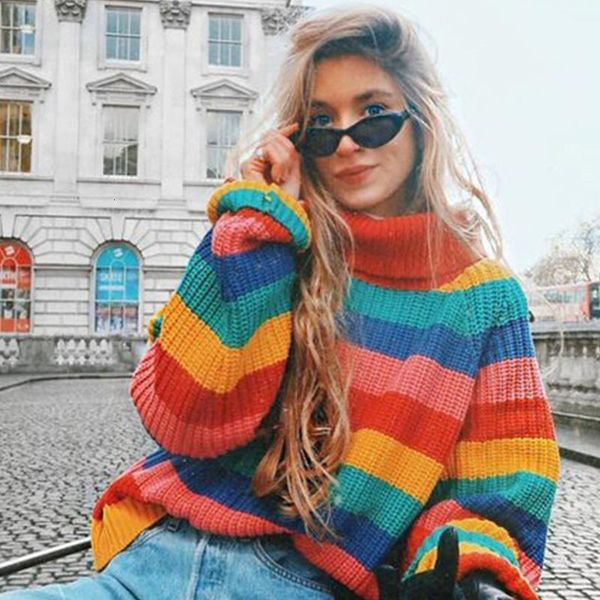 

turtlenecks rainbow sweaters oversized striped knitwear long sleeve jumper for turtle neck women 2021 winter warm sweater streetwear, White;black