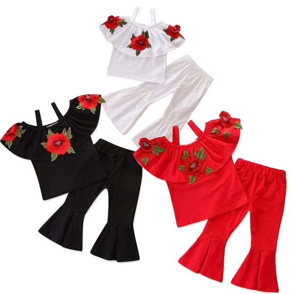 

baby girl clothes toddler girls summer clothing set embroidering condole belt +pants fashion flared trousers 2pcs kids suit y200525, White