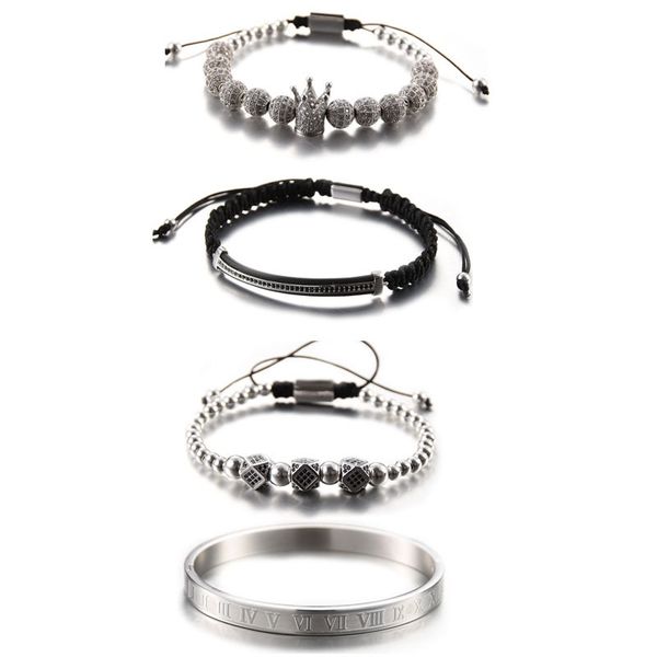 

luxury gold hip hop jewelry 4pcs/set roman numeral stainless steel bangle men women bling zircon beads crown bracelets, Black