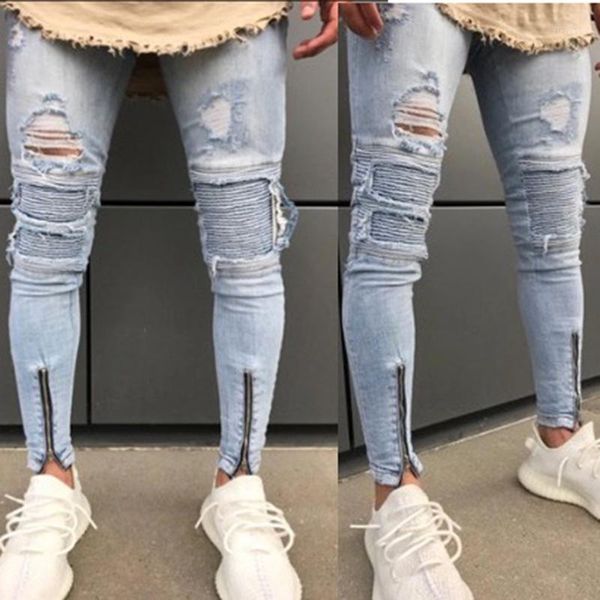

men ripped hole denim jeans slim men's striped jeans hip hop skinny pencil for men high street stretch zipper1, Blue