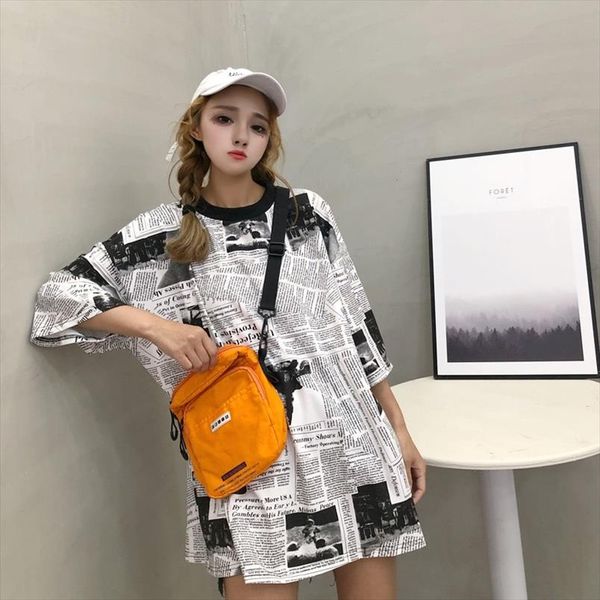 

new summer harajuku women t shirt funny newspaper printing loose casual t shirt women tee streetwear hip hop dance, White