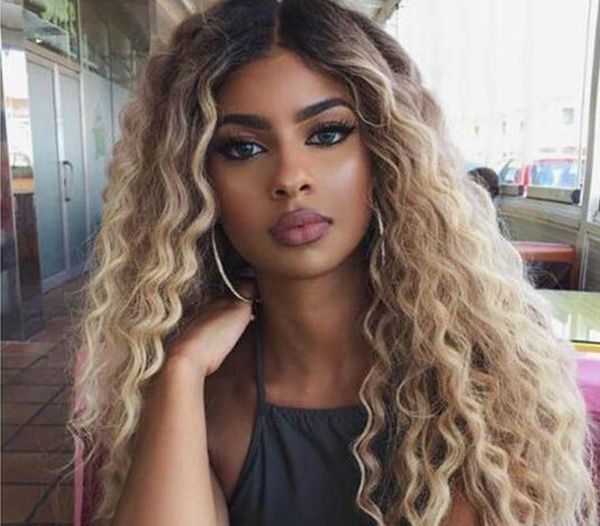 

lace front wigs deep wave middle part ombre blonde brown 9 colors available 30 inches lace front synthetic wigs for women bella, Black;brown