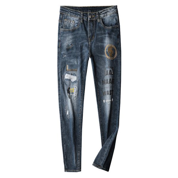

2020 new designers mens fall winter men's jeans feet pants slim embroidery craft stretch casual trendy men's trousers denim long p, Blue