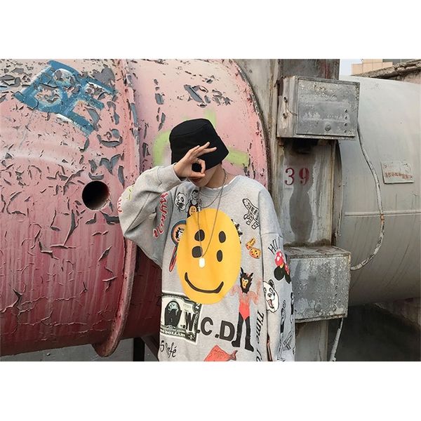 

high street designer kanye three dimensional smiling face multi element pullover sweater for men and women hip hop trend, Black