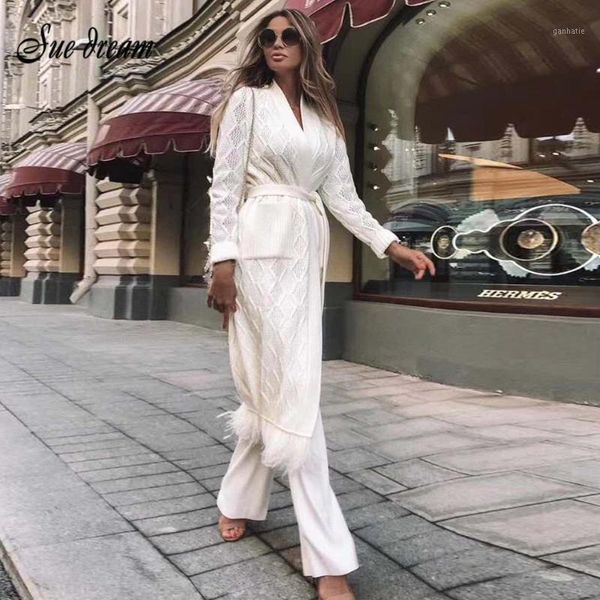 

2020 new style women's runway elegant cardigan belt pocket tassel long coat solid knitted sweater coat bodycon club party1, White