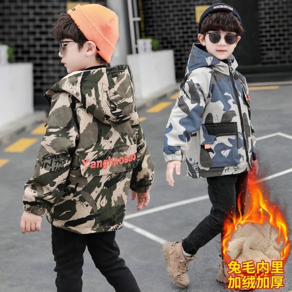 

boy autumn and winter jacket 2020 new children's winter plus velvet thickening camouflage rabbit faufly overcoming cotton clothes, Camo