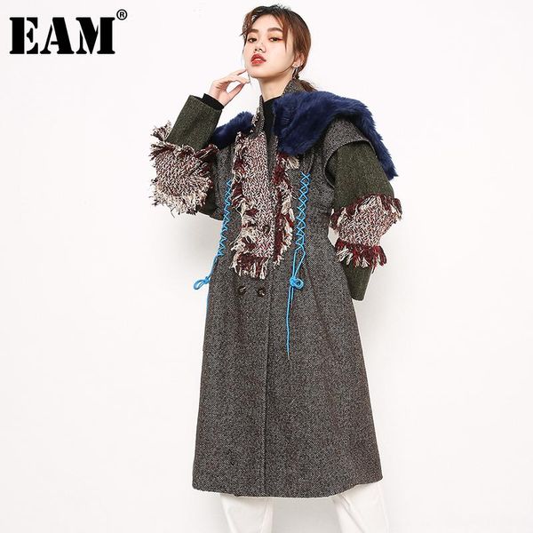 

eam] gray fur split joint tasssles long warm woolen coat parkas new long sleeve women fashion tide autumn winter 2021 jk66905m, Black
