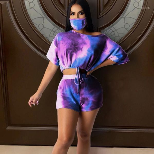 

fashion tie-dye printed shorts suit mask strapless short sleeve two piece set women casual outfits summer sports 3 piece set jg31, White
