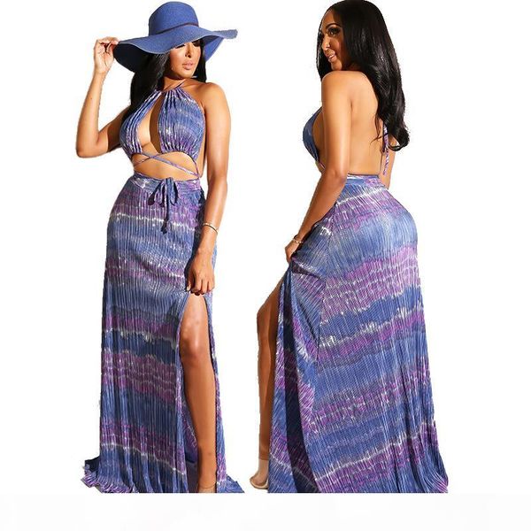 

bohemian style women striped print floor-length dress lady halter lace-up backless hollow out high split dress 2020 summer, Black;gray