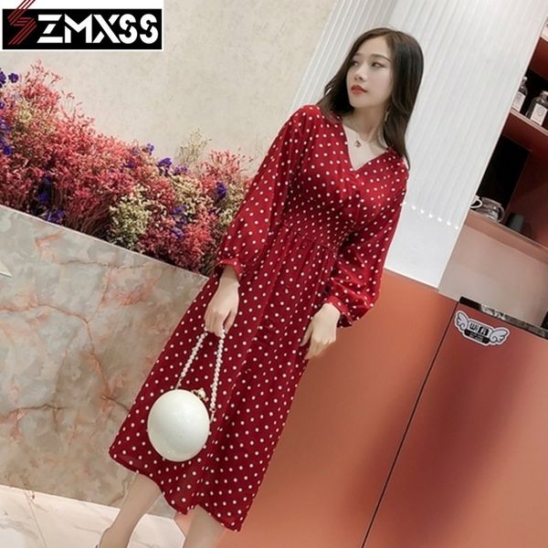

szmxss new fall long dot temperament female loose vintage dress casual a-line lantern sleeve dresses y200326, Black;gray