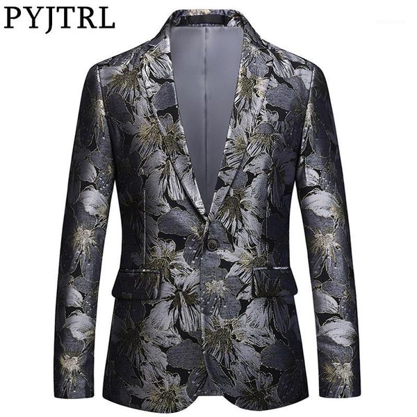 

pyjtrl men jacquard floral suit jacket handsome tide brand slim fit balzers casual coat male stage signers clothing1, White;black