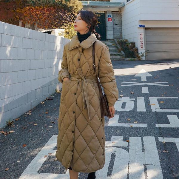 

men's down & parkas winter long coat rhombus pattern casual sashes women pockets tailored collar puffer jacket cotton-padded outwear, Black