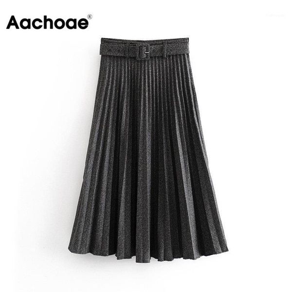 

aachoae women pleated skirt spring high waist belt solid color zipper lady skirts elegant female saias loose mid-length skirt1, Black