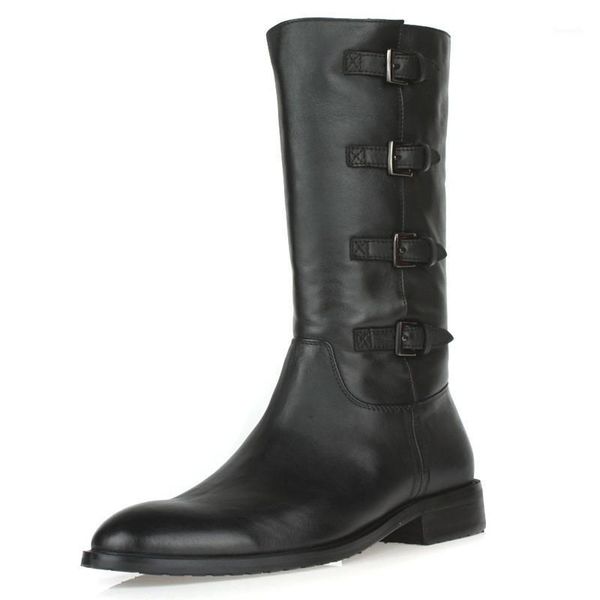 

boots genuine leather pointed toe men casual winter solid black side zip high punk motocycle work shoes1