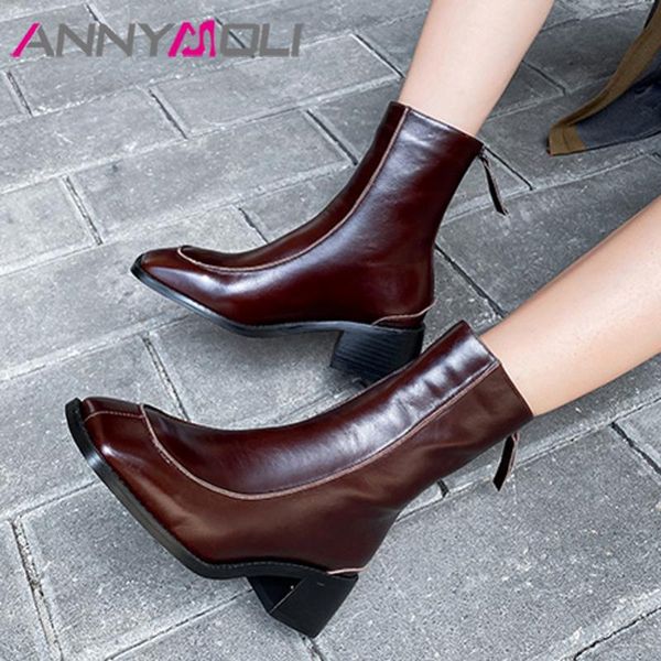 

boots annymoli short women shoes real leather chunky heels ankle square toe zip mid heel female autumn winter black