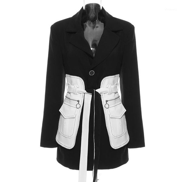 

women vintage blazer colorblock belted tunic long high street blazer jacket1, White;black