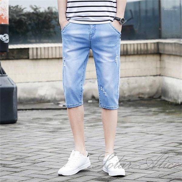 

2020 men's summer new calf-length stretch jeans mid-waist small hole slim youth high-end casual shorts1, Blue