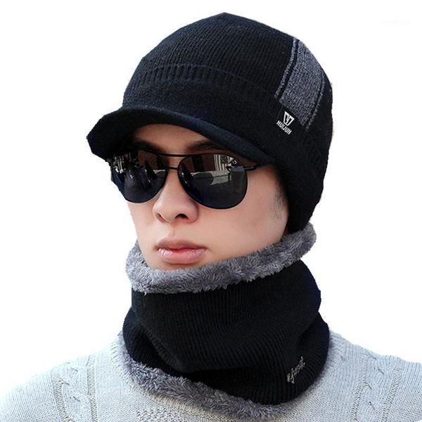 

winter plus cashmere thickening warm winter knitted wool hat men scarf +beanie sets two pc simple solid color collar caps1