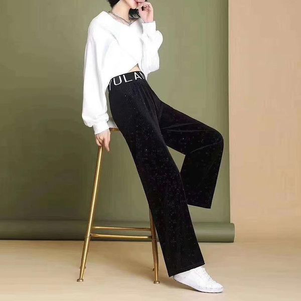 

fashion women wide leg pants letter print high waist casual ladies trousers streetwear loose female pants, Black;white
