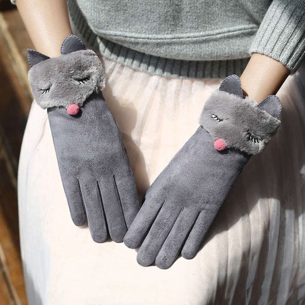 

touch gloves ladies winter autumn and screen plush warm suede lovely student gloves cycling in winter thickening cold proof, Blue;gray