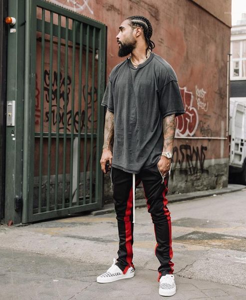 

black red striped panelled gym workout sport streetwear jogger sweatpant elastic waist hip hop trouser men pants1