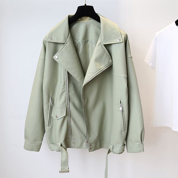 

2021 new spring women faux leather jacket with belt streetwear moto biker black coat style oversized outwear mr54