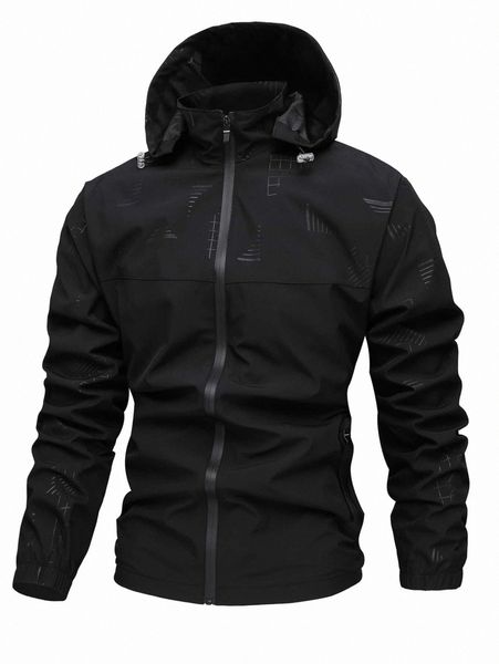 

men geo print zipper drawstring hooded jacket f7gc#, Black;brown