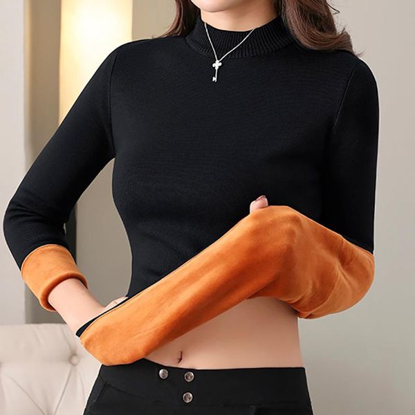 

women thermal underwear sweaters thick warm long johns solid o-neck autumn winter velvet pullover sweater for women, White;black