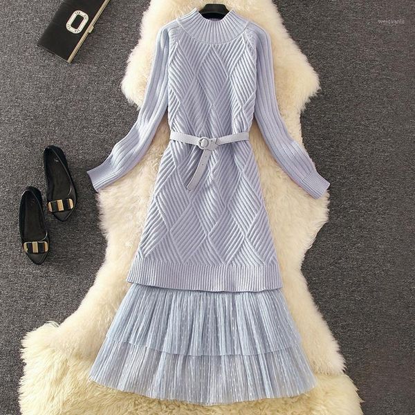 

autumn winter women dress set 2020new knitted pullover sweater dress+cake pleated skirt two-piece suit elegant ladies dress 5381, White