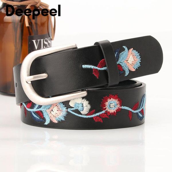 

deepeel 1pc 3.4cm*100/110cm women hand embroidery pu belt retro style floral embroidery metal pin buckle girdle for jeans yb667, Black;brown