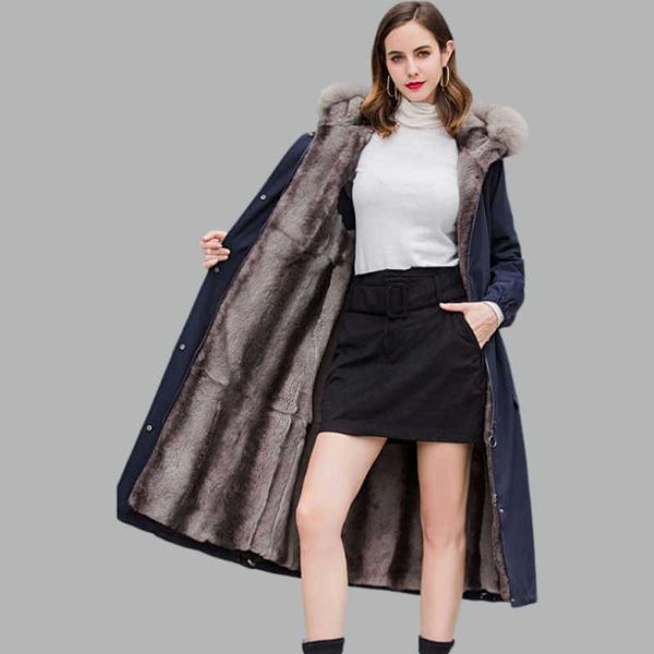 

women's fur & faux womens double-faced mujer parkas long rex liner hooded collar winter warm fashion coats plus size casacas, Black