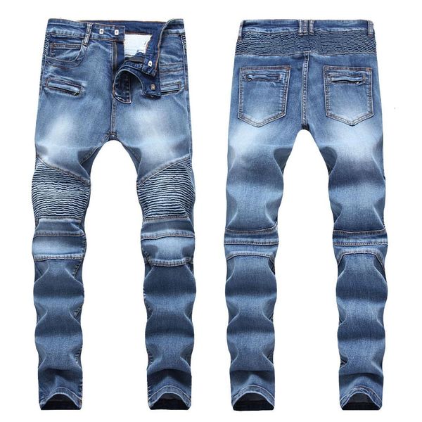 

2021 designer men's biker jeans vintage washed motorcycle denim trousers pants straight plus size 28-40, Blue