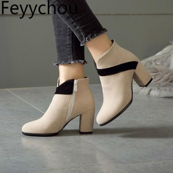 

women boots autumn winter high heel warm ankle round toe zip mixed-colors 2020 flock new fashion casual black big size34-47