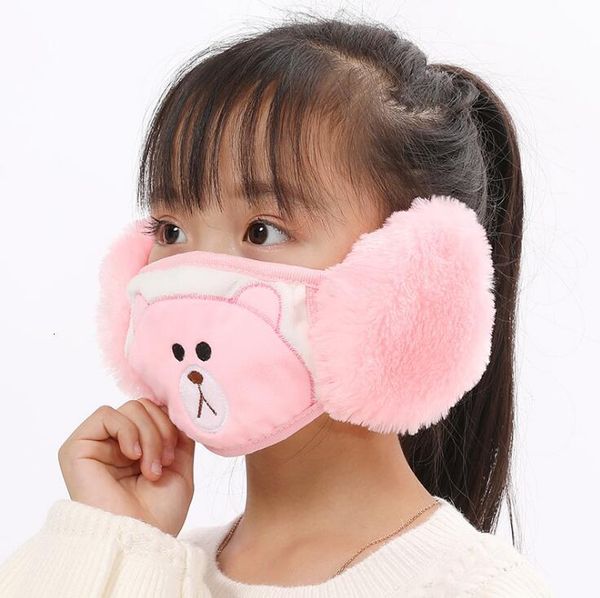 

u473pu factory price 2 in 1 face mask cartoon bear cover plush ear protective thick warm kids mouth masks winter mouth-muffle e 7 n